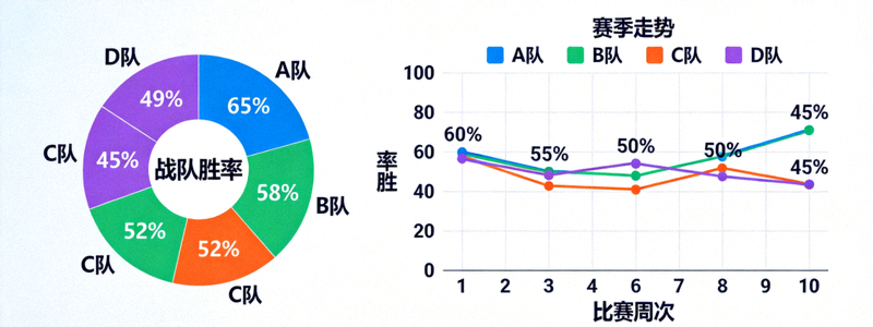 各战队胜率环形统计图与赛季走势对比可视化图表